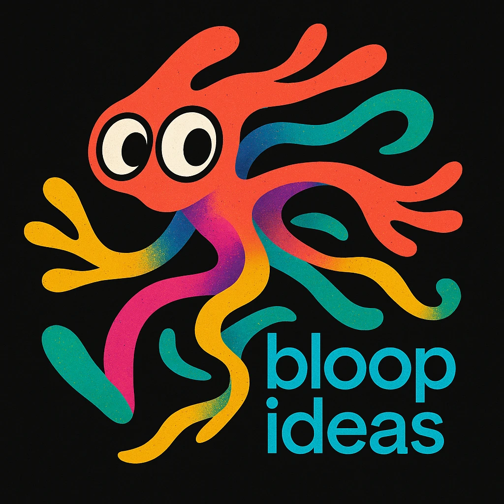 abstract mascot for a black website, playful and energetic, expressive eyes and flowing forms to show thinking and movement, bright lively palette, creative tech portfolio, includes tagline 'bloop ideas' emoji
