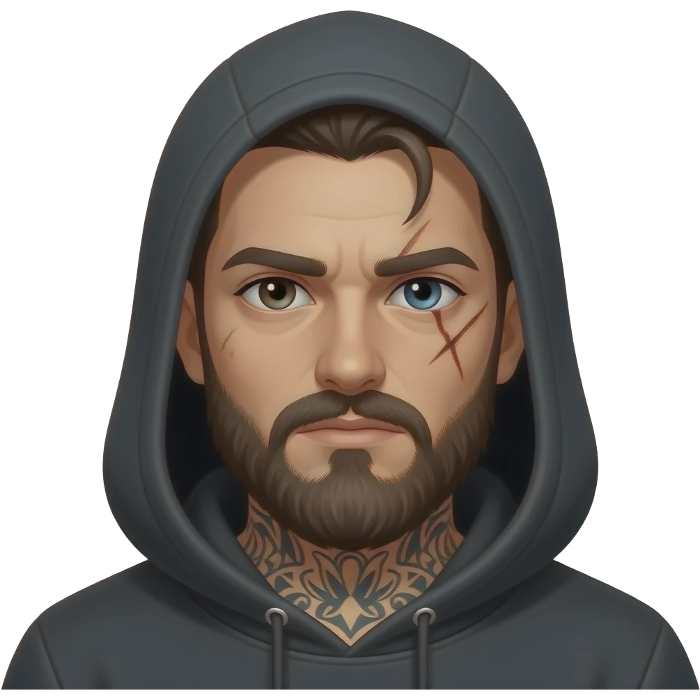 Guy, beard, tattoos, hoodie, left eye dark brown, right eye light blue, scar across the right eye emoji