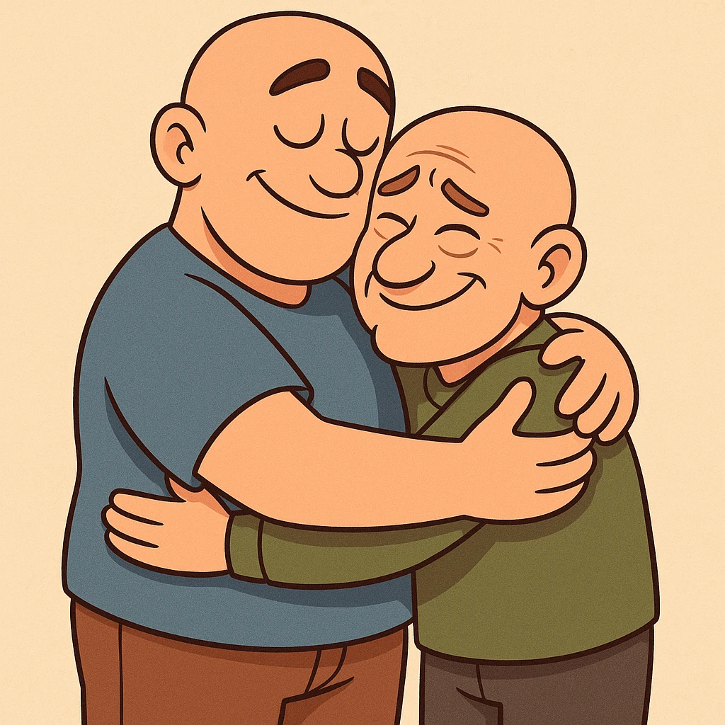 two bald men of different heights hugging, cartoon style, expressive faces emoji