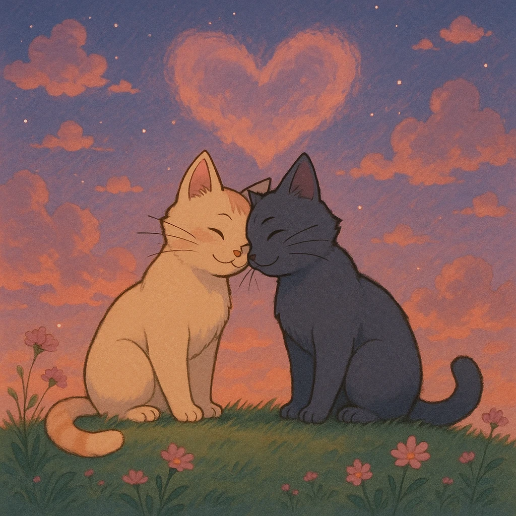 two cats in love in a dreamy romantic scene, ghibli style emoji