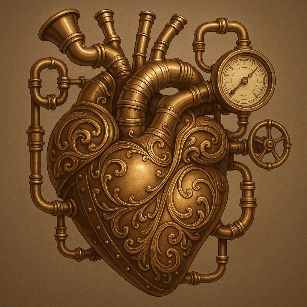 steampunk heart with ornate pipes and valves, bronze and gold, retro-futuristic design, intricate and elegant emoji