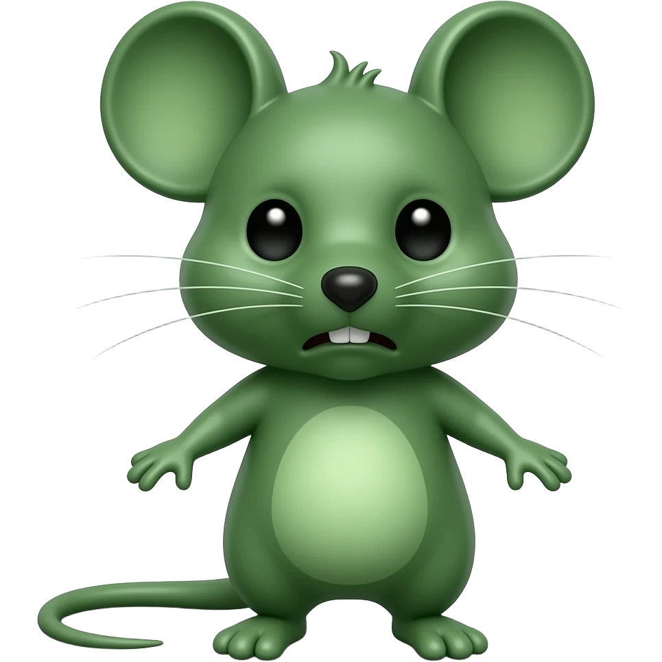 Résultat de la traduction A little green mouse standing upright, with arms and legs that look like those of a little person, staring at us with a disgusted look on its face—it looks like it’s about to throw up. The mouse’s body is entirely green. emoji