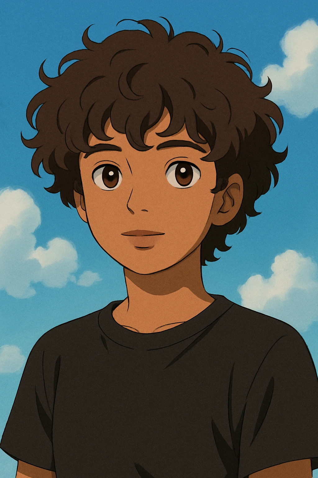 portrait of a young person with 2b dark brown curly hair, brown eyes and lips, morena skin, wearing a black t-shirt, ghibli style emoji