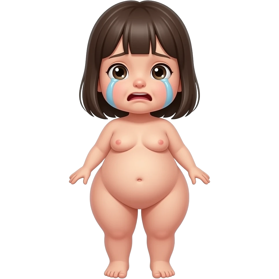 Full body, small little nude girl, flat chest, crying face, giant hips and ass, thin pussy emoji