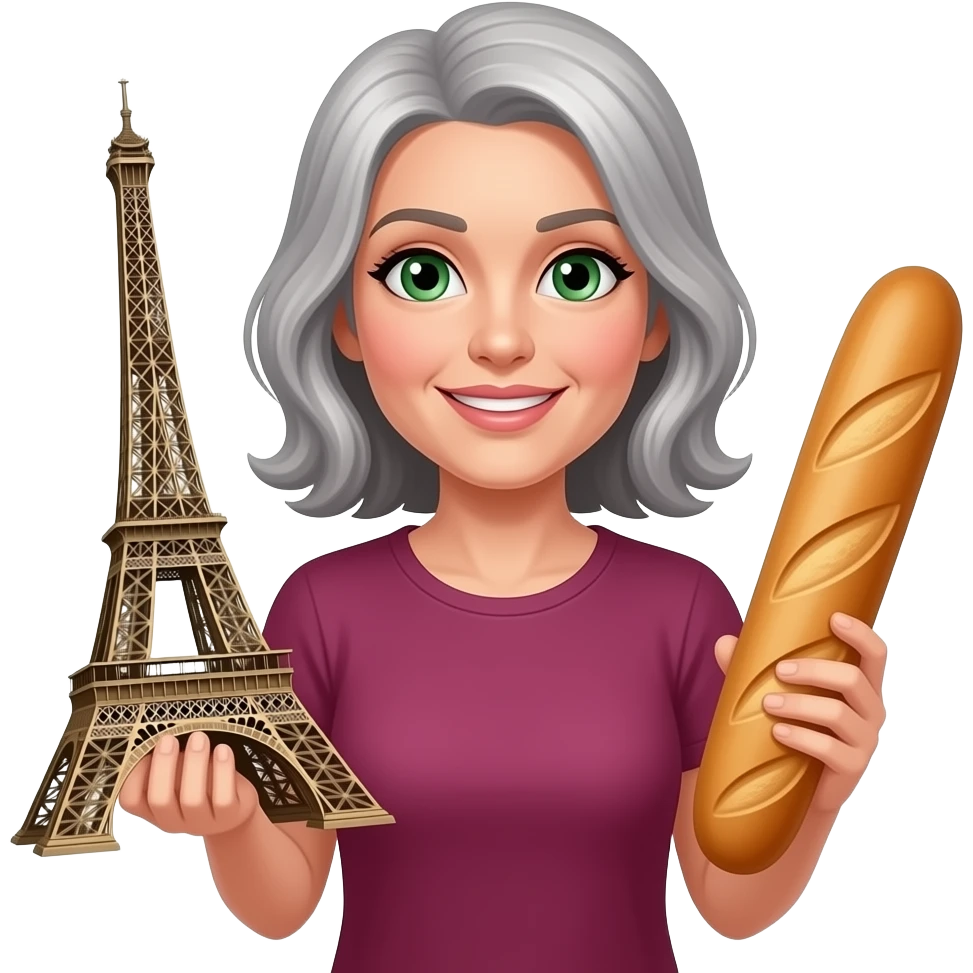 Lady around 45  with Green eyes beautiful grey hair with Eiffel tower in one Hans and French baguette in another with dark pink tshirt emoji