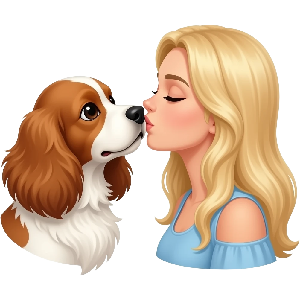 White woman with Long blond hair kissing White/red cockerspaniel on nose emoji