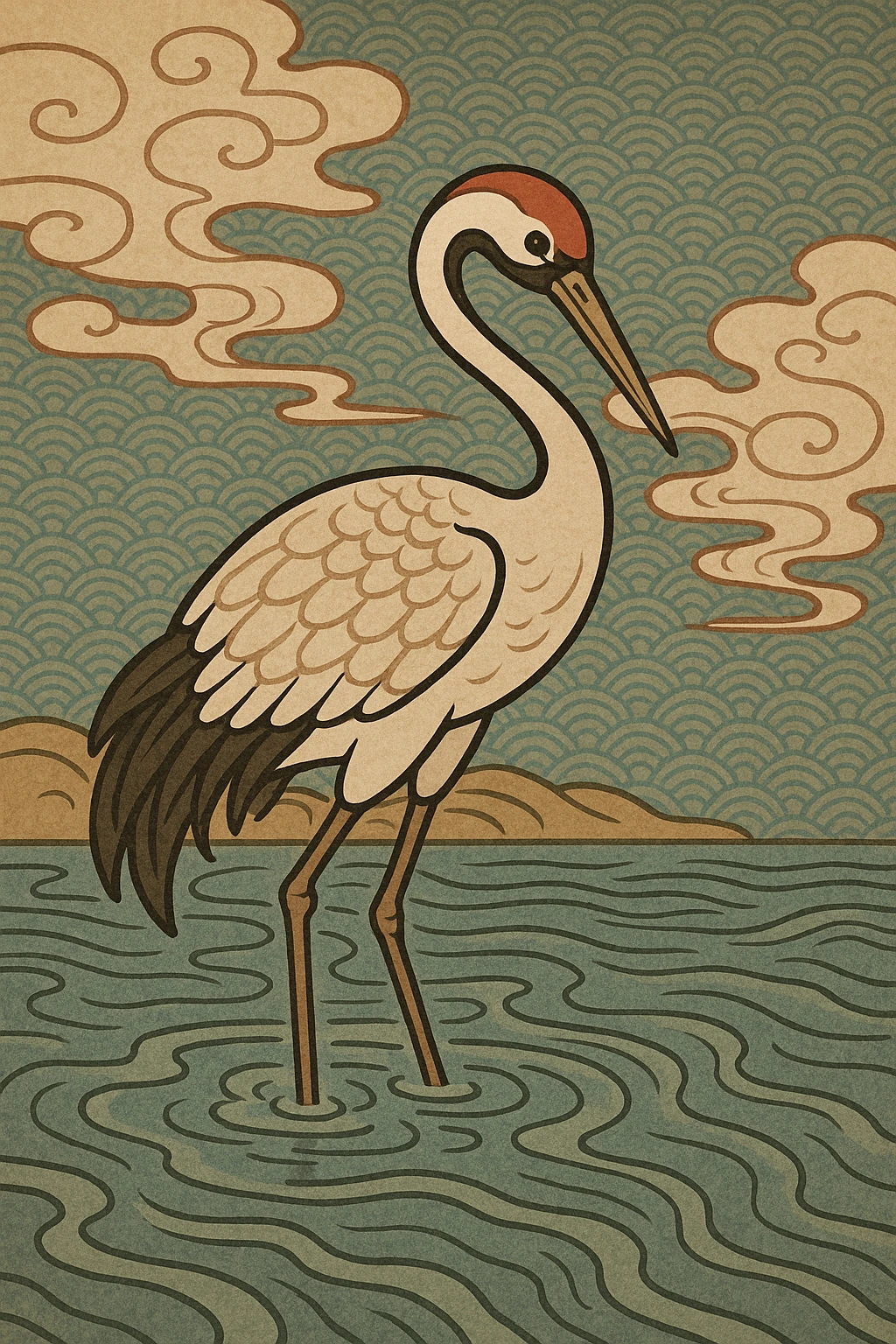 a crane standing in shallow water, ukiyo-e style emoji