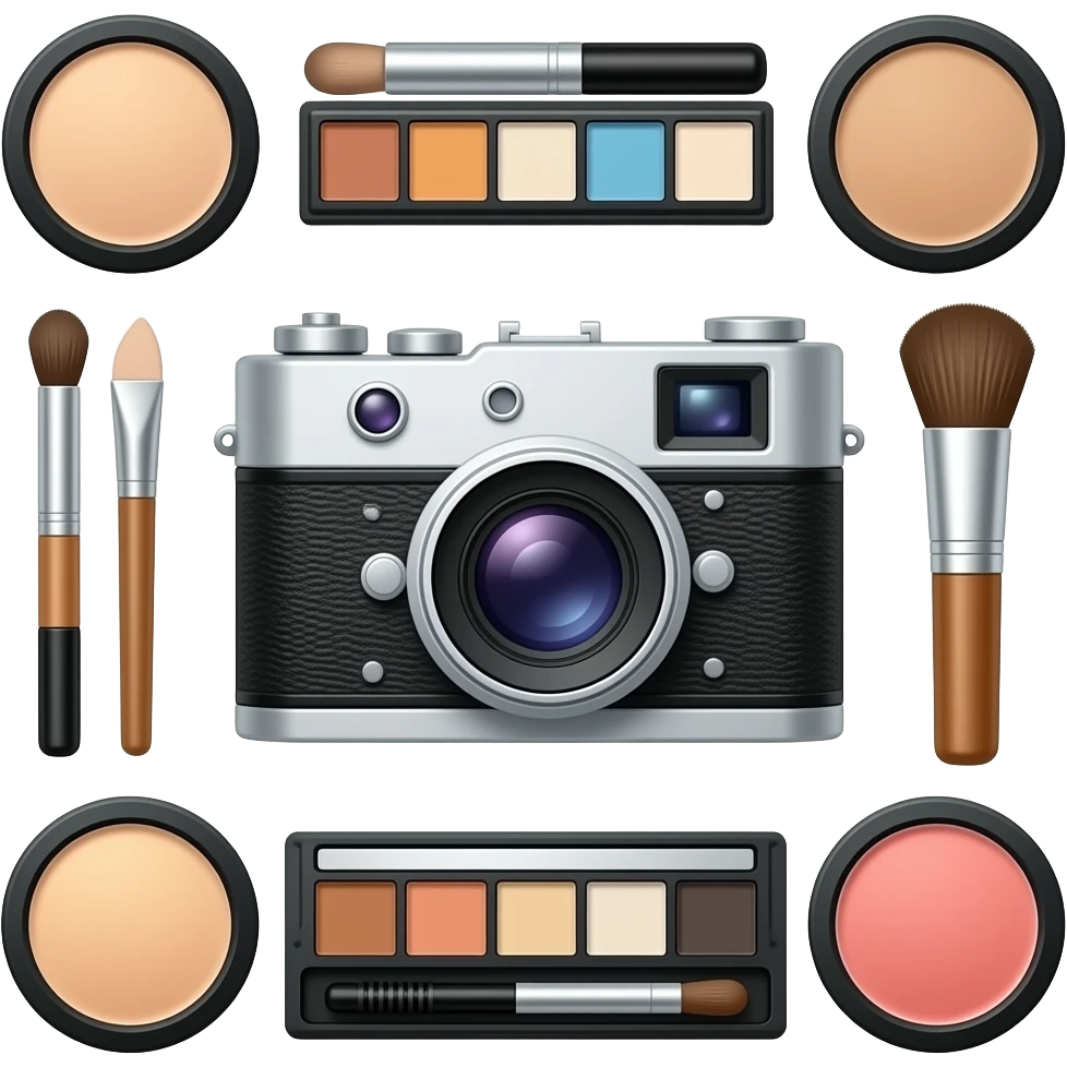 composition of make-up accessories with vintage photo-camera emoji
