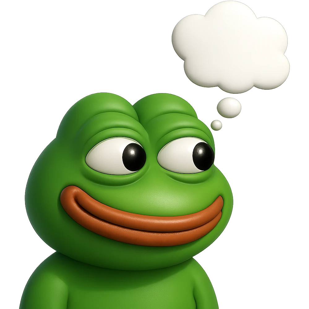 make a pepe in bright green smiling with thought bubble looking at right left in 3d style, good highlights and shadows, drop shadows emoji