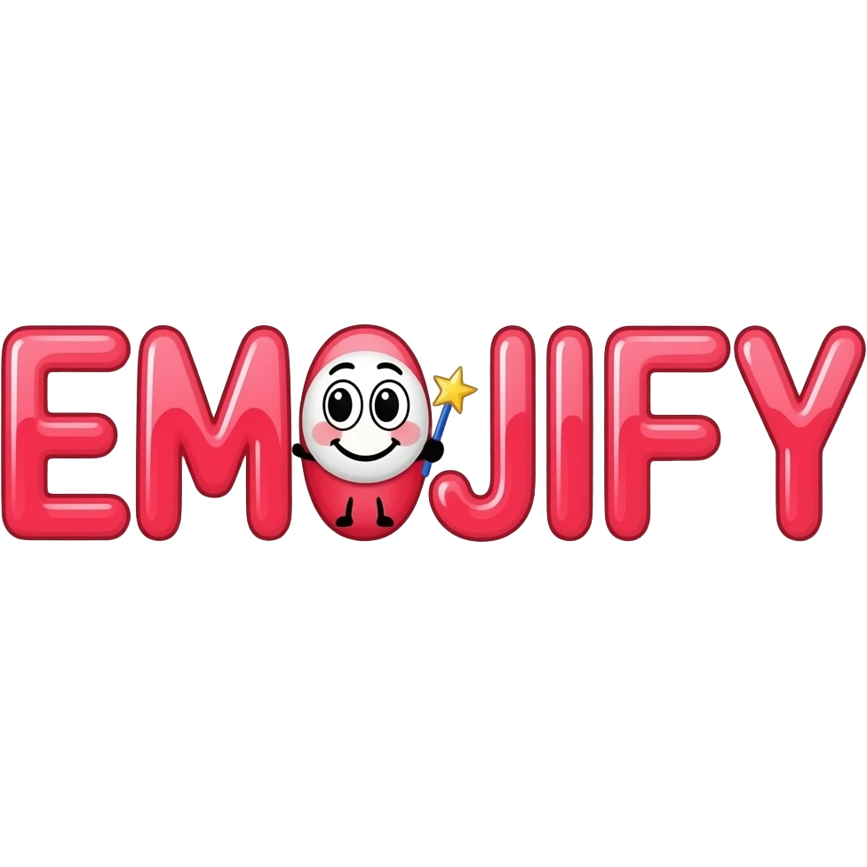 Red text "EMOJIFY", font in candy style is stretched in height and width. Letter "O" is a smiley face with a magic wand. Transparent background. emoji