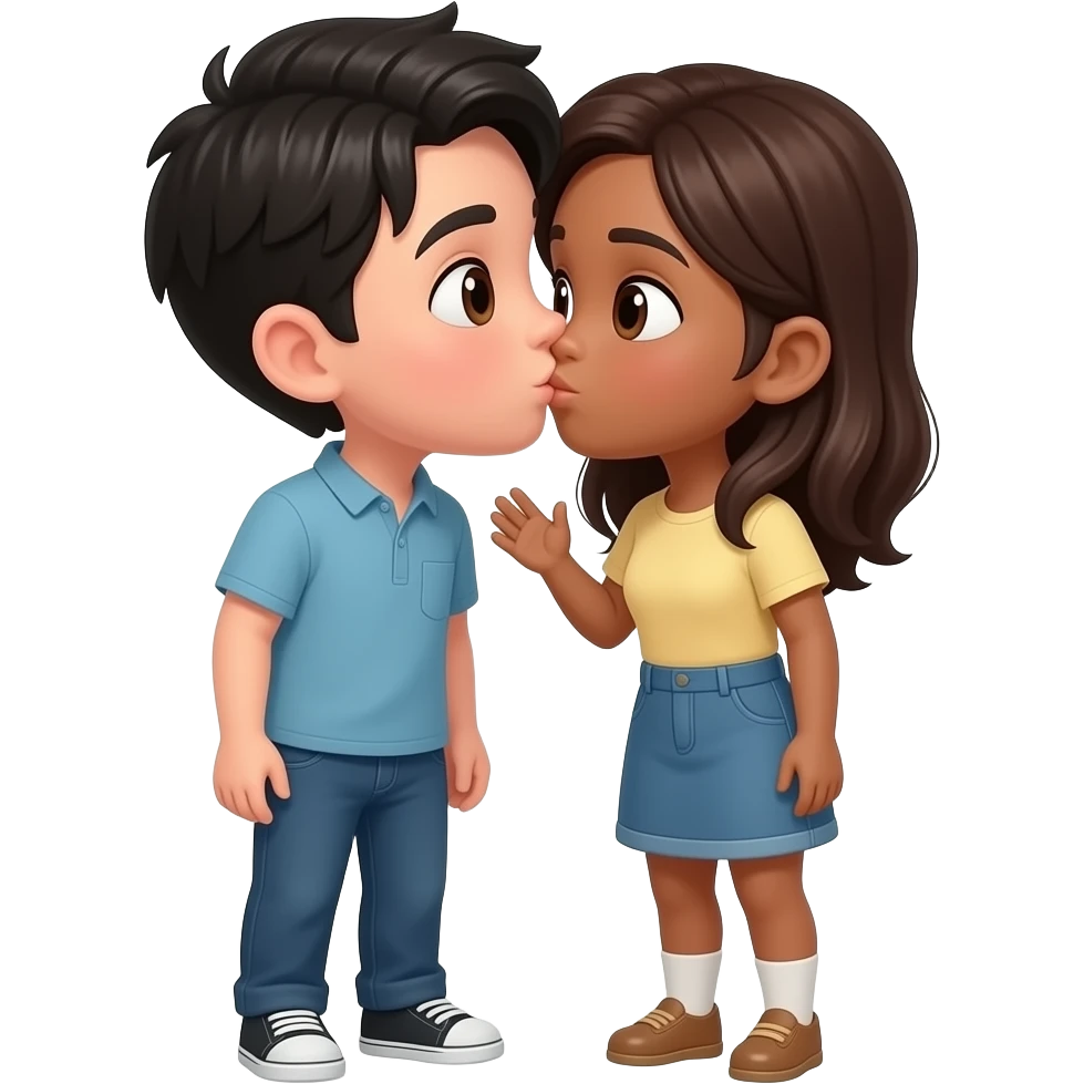 A boy with brown eyes, black  hair and light skin kissing a girl with dark brown hair and light brown skin on the cheek emoji