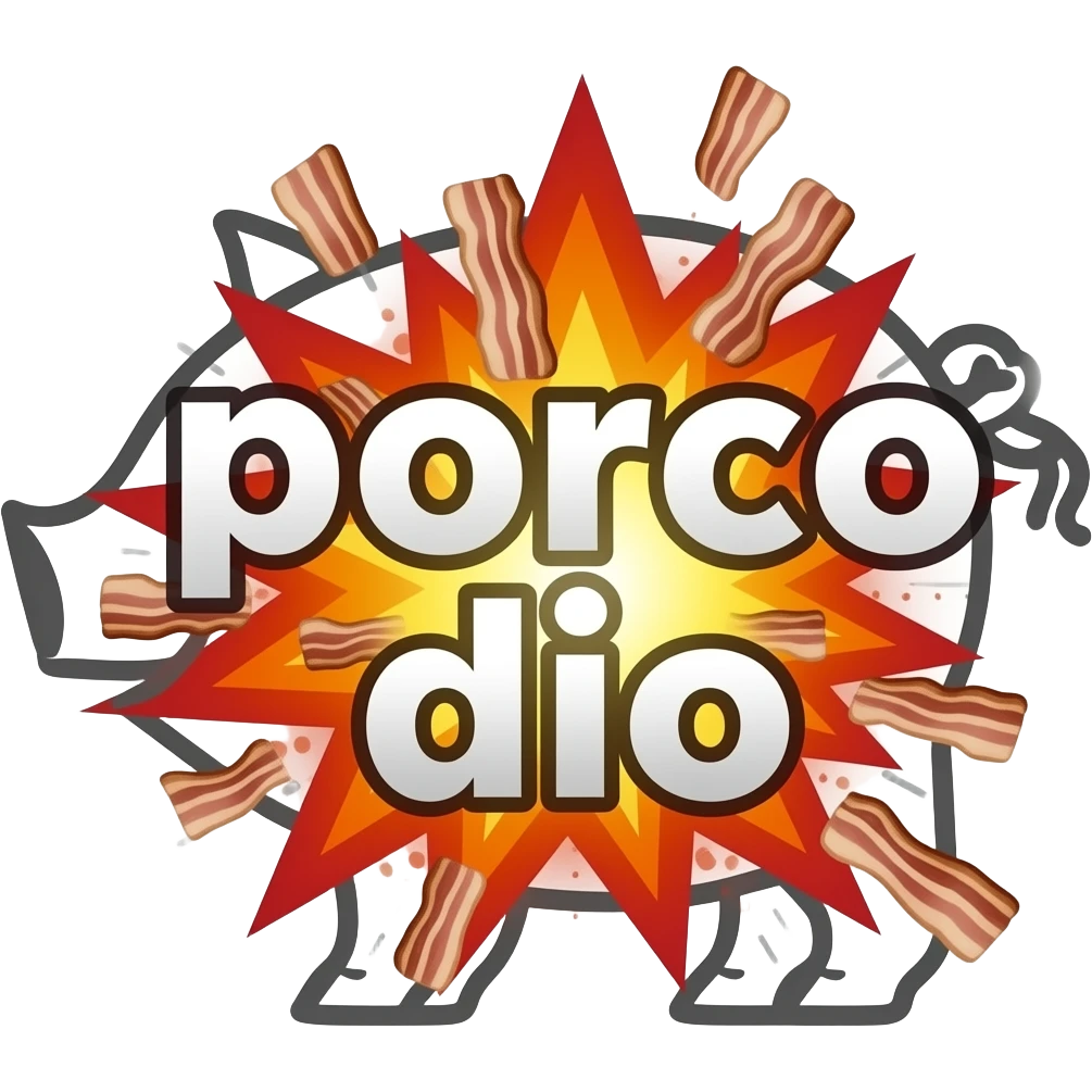 large font size text "porco dio" with a pig outline in the background, explosion centered, fire centered, bacon all over emoji