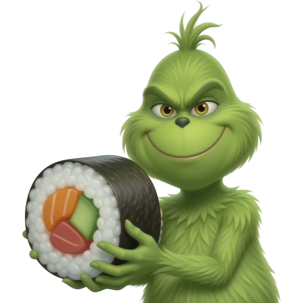 Grinch holding big sushi emoji