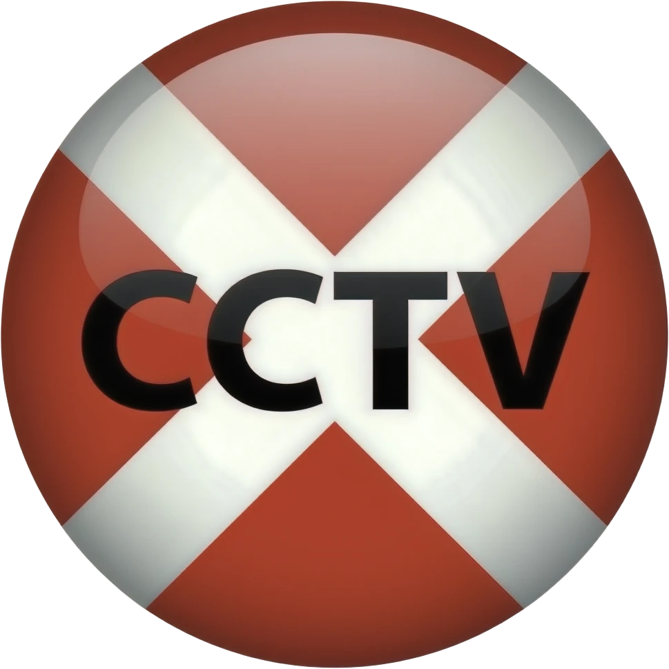 Red filled circle with white X and arrow on all end points on the X white circle in the middle. Biggest CCTV word in the centre in black emoji