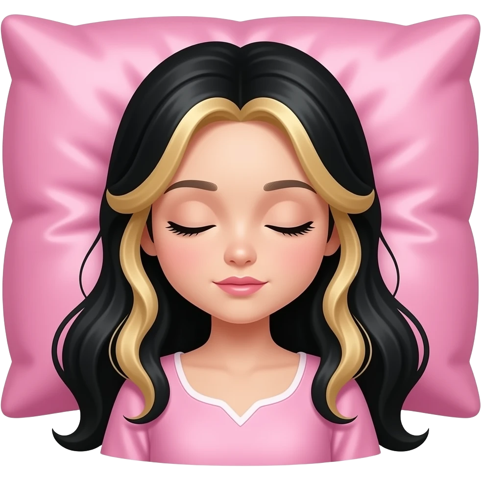 sleeping beauty girl with pale skin and black hair with blonde highlights with a pink silk pillow emoji