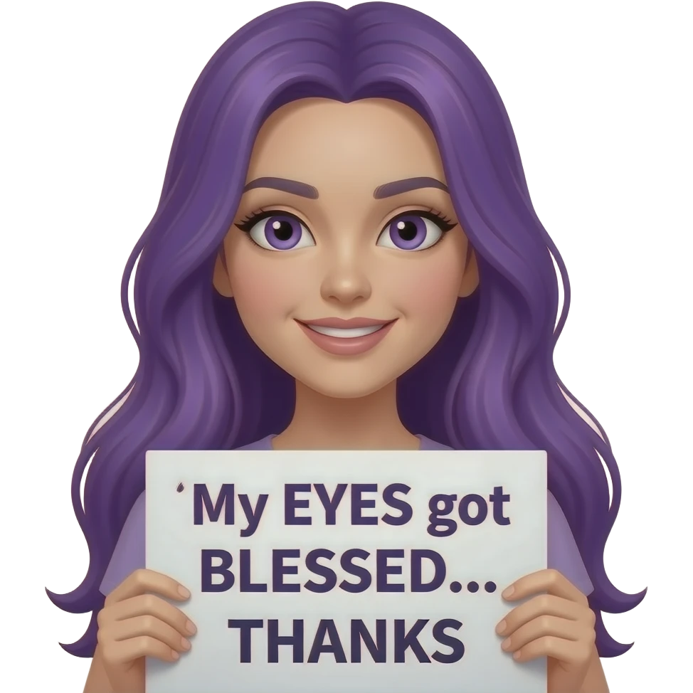 sexy girl with long purple hair and purple eyes holding a My EYES got BLESSED... THANX sign emoji