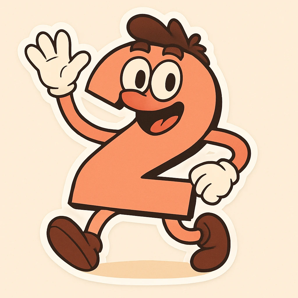 Add a cute, expressive cartoon face to the number 2, keeping the playful cartoon style consistent with chibi stickers style. emoji