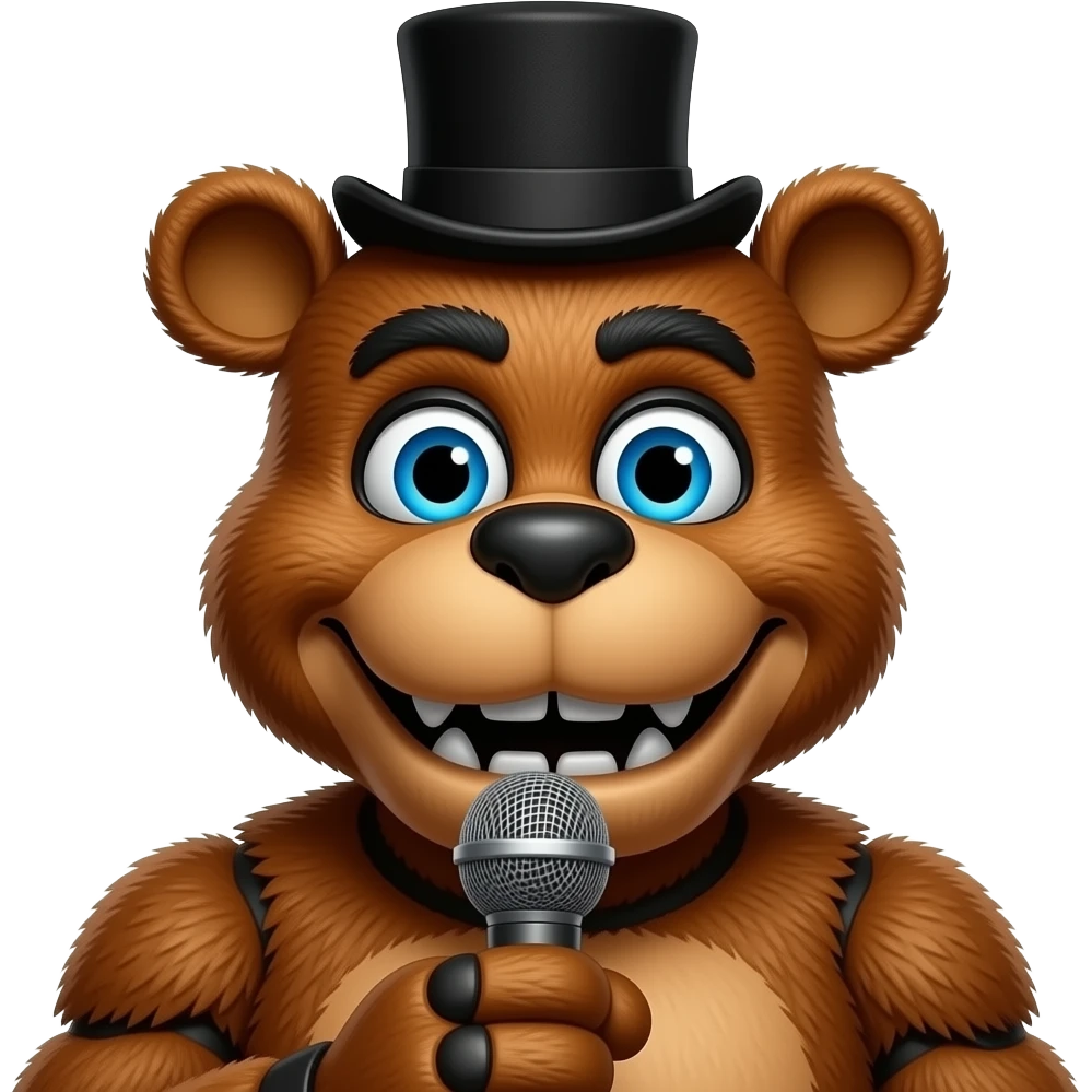 A close-up, high-detail image of Freddy Fazbear on stage at Freddy Fazbear’s Pizza, worn brown velvet texture, blue eyes, black top hat, microphone, vintage 1980s look, volumetric lighting, photorealistic emoji