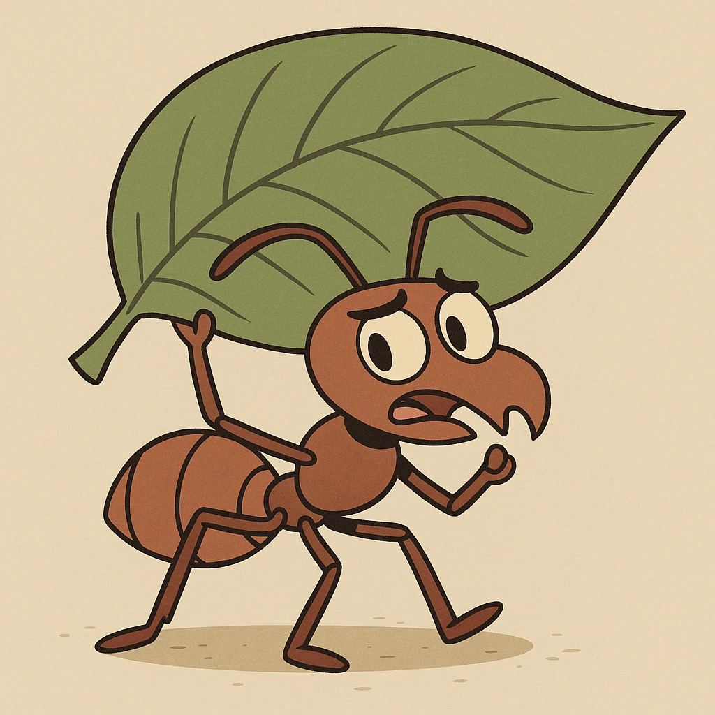 a single leaf cutter ant holding a large leaf, cartoon style, simple background emoji