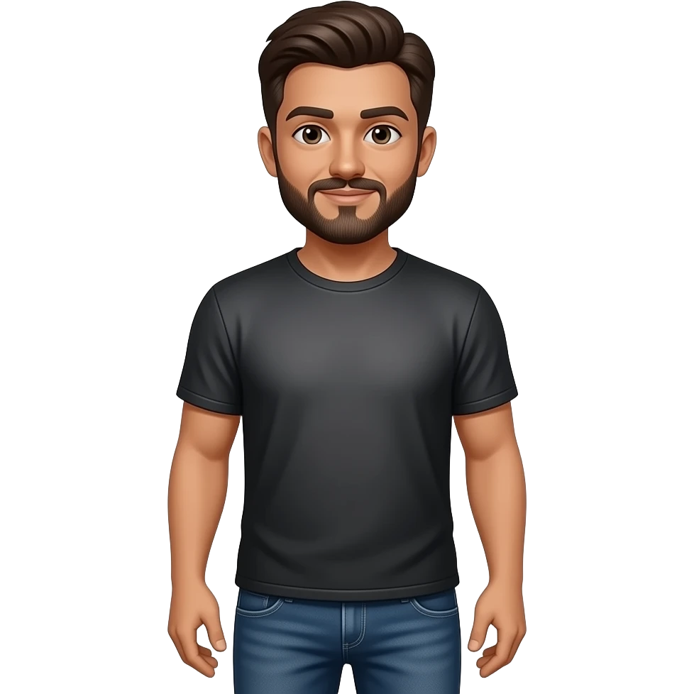standing male, medium skin tone, dark brown hair, short beard and mustache, standing, wearing jeans, a faded black / gunmetal gray t-shirt and jeans emoji
