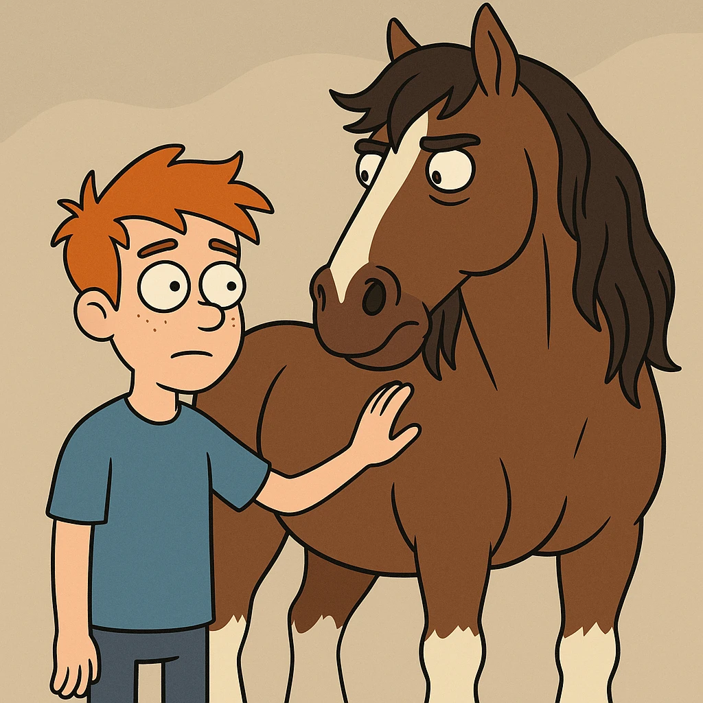 A boy orange hair blue shirt Clydesdale horse emoji