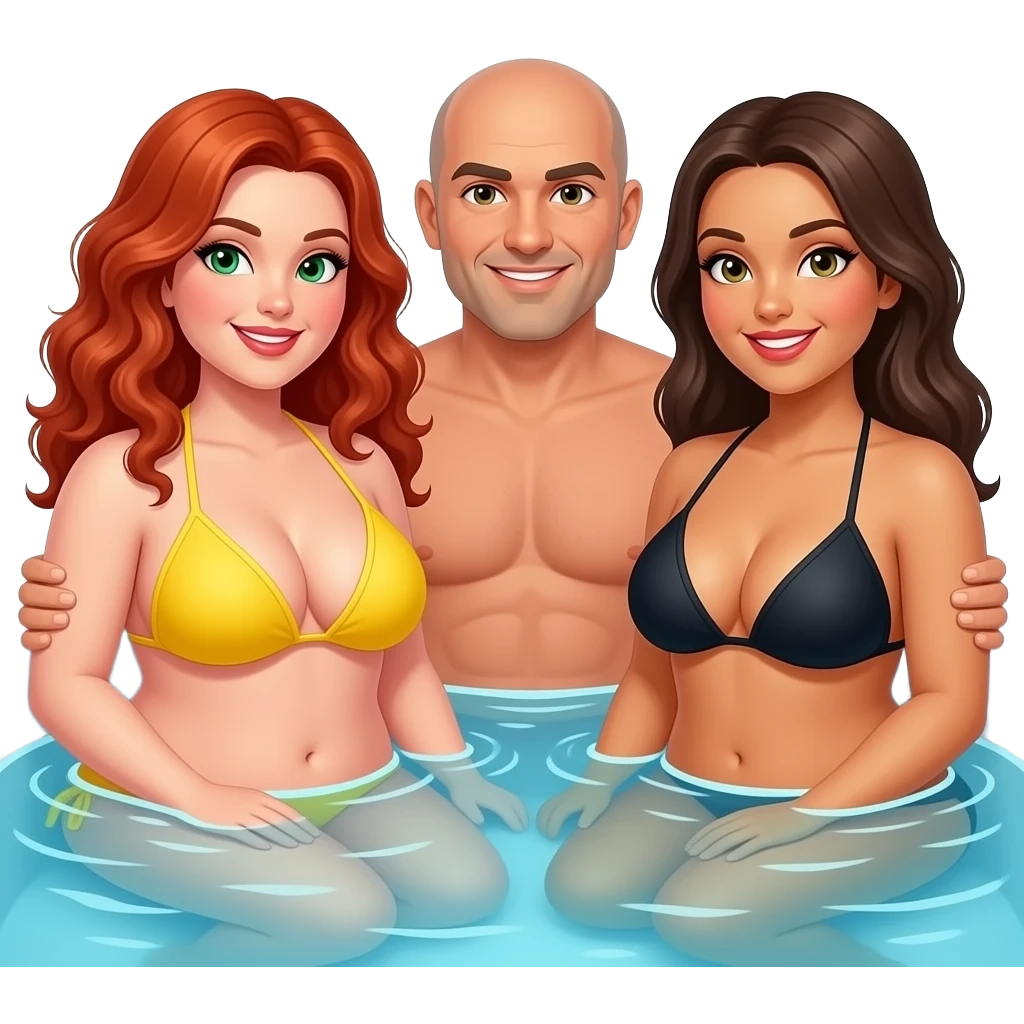 2 very curvy women with very large breasts, 1 redhead with long curly hair, green eyes in a yellow bikini, 1 brunette with black bikini,  and 1 man bald with light goatee, sitting  in a hot tub emoji