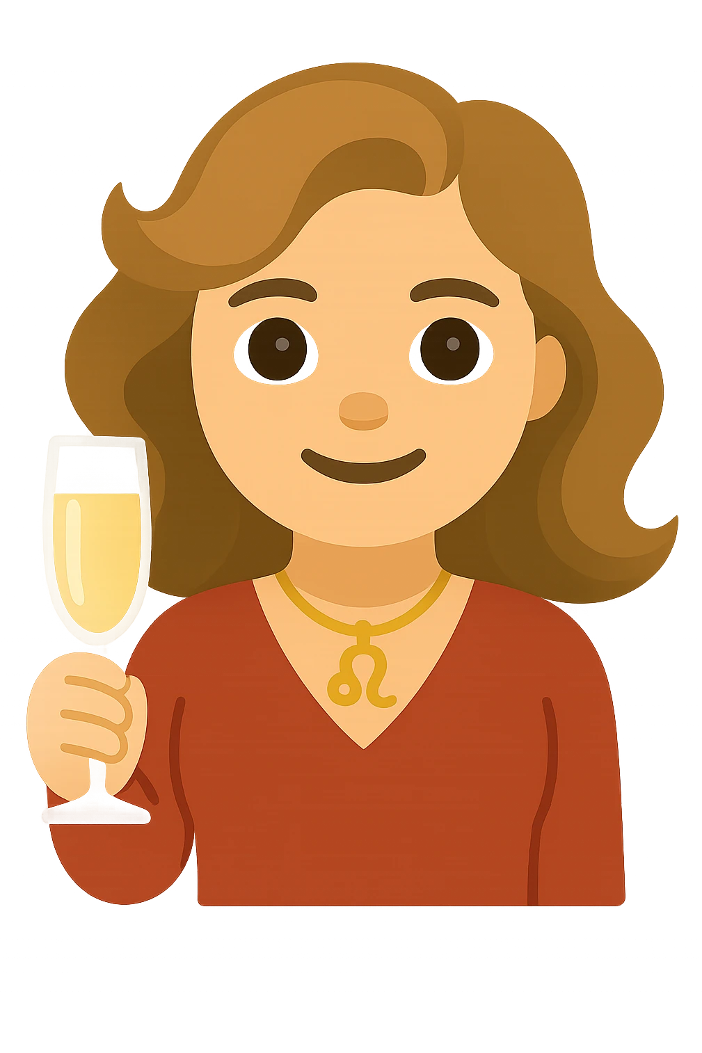 Create a simple and bold illustration of a Leo woman with a glass of champagne in the style of apple emojis. The woman should have a round face, big eyes, and minimal details. The background should be transparent. emoji