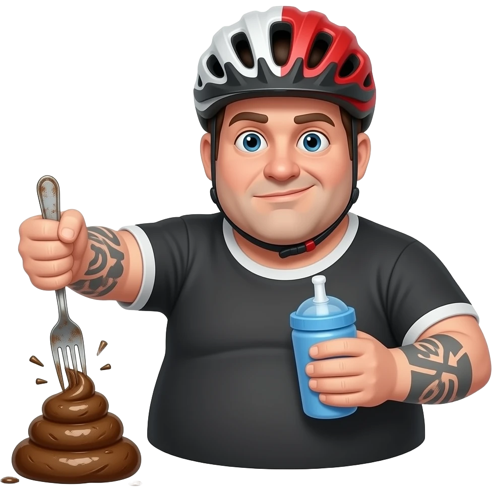 the shits stabber, his face is deformed and melted on the left side and he's wearing a crooked bike helmet, he is stabbing poop with a rusty fork. he is just SO fat and has a sippie cup emoji