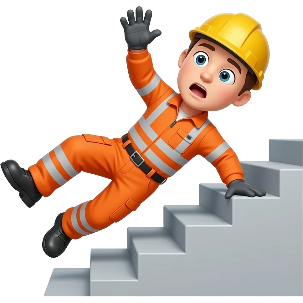 engineer in full orange hi-vis overalls falling down stairs emoji