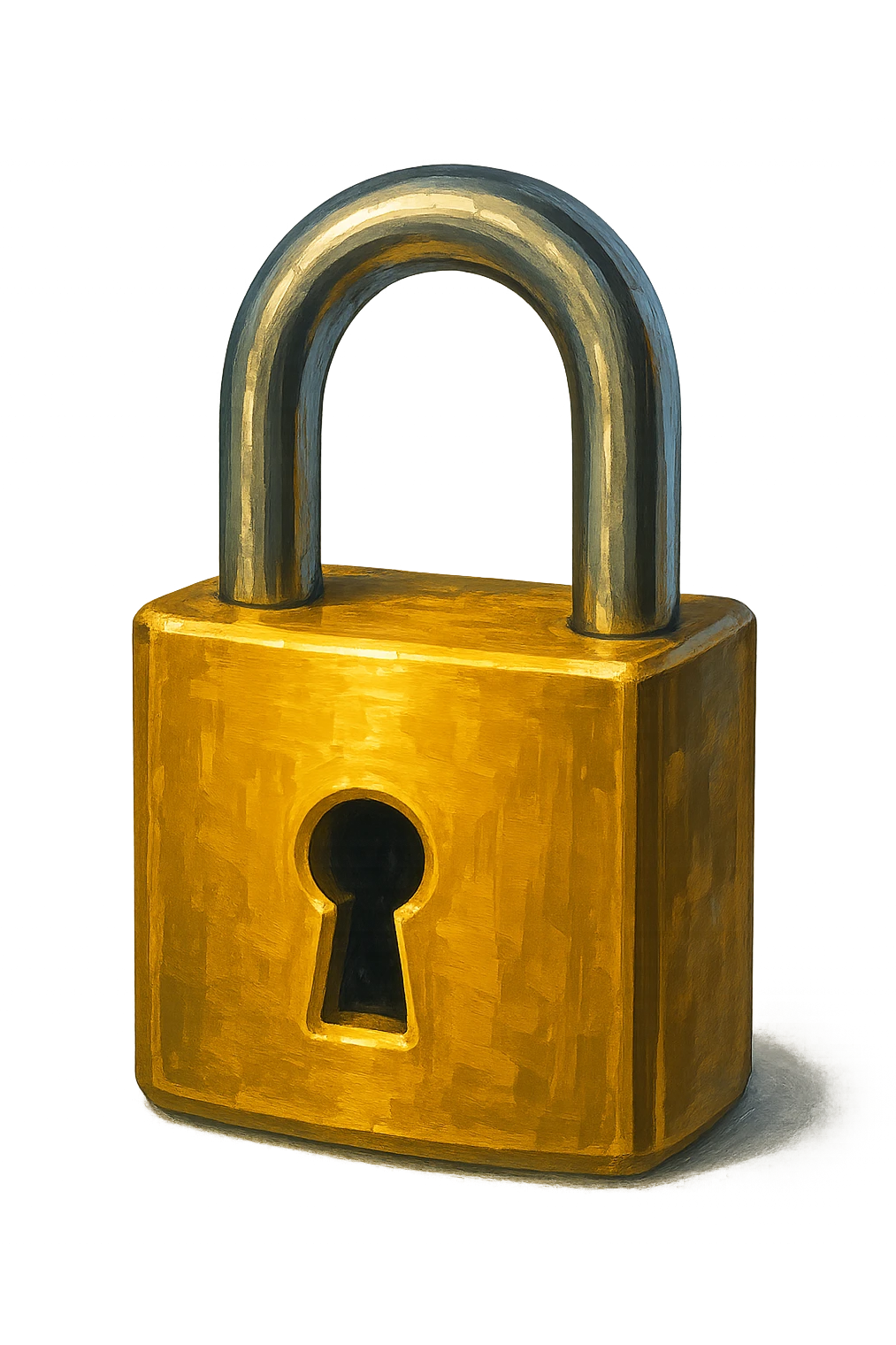 В cлегка рисованной, но при этом объемной и яркой стилистике сгенерируй картинку фотореалистичного золотого замка (замок который для ключей), прозрачный фон emoji