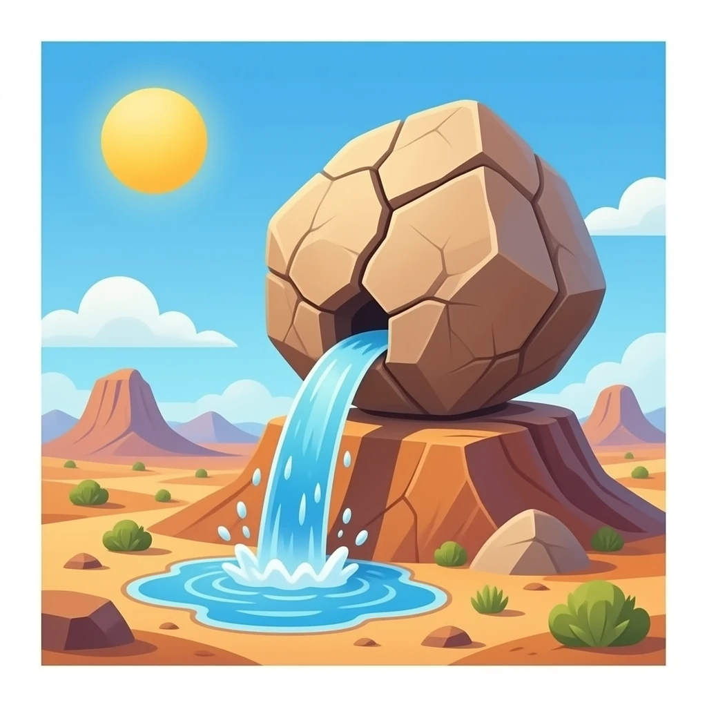 Water springing from a large crack in a huge boulder rock on top of a desert mountain emoji