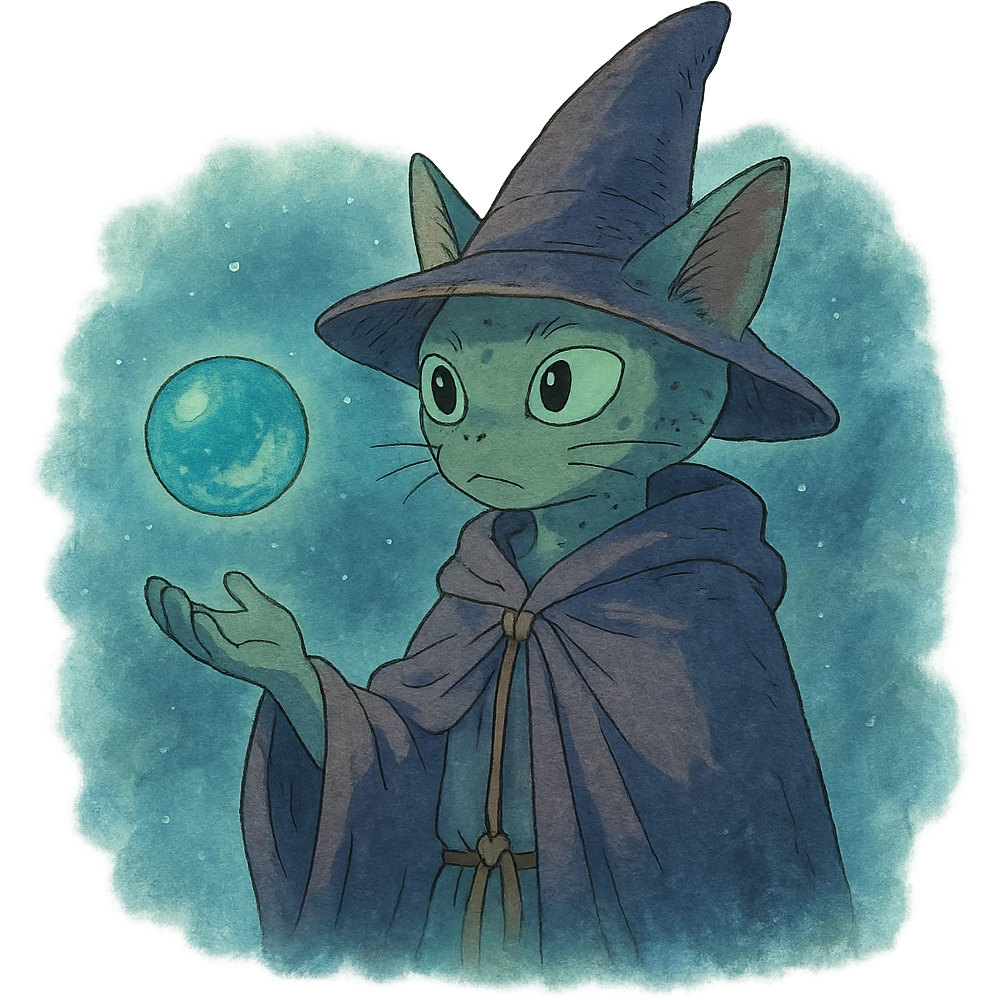 alien cat wizard with a floating orb in a mystical atmosphere emoji