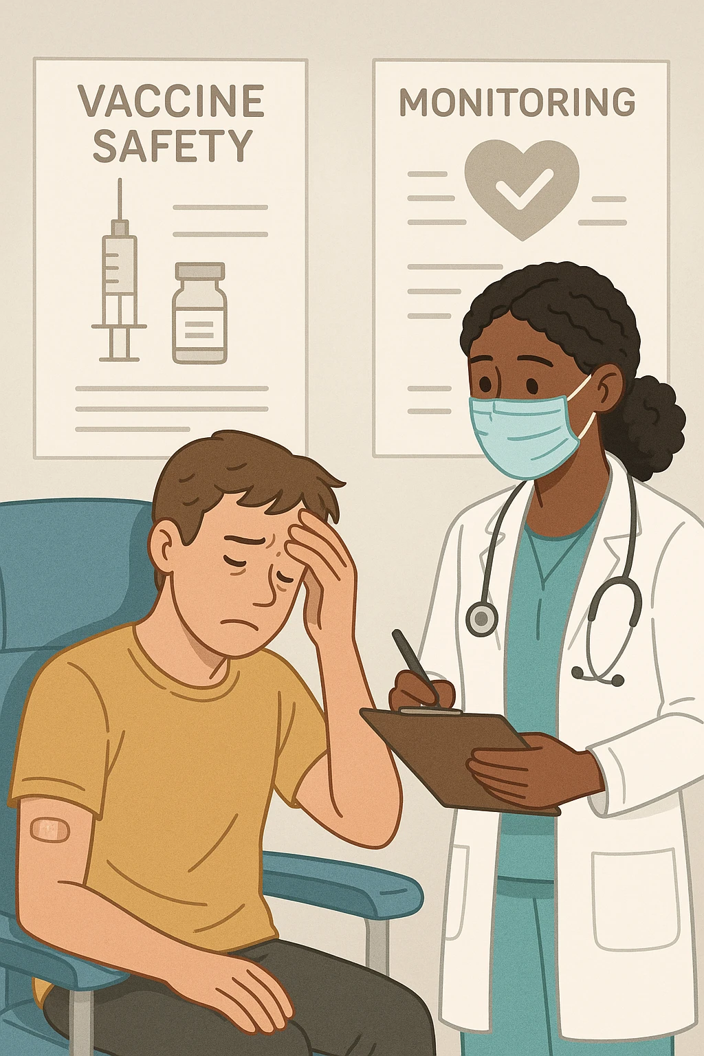 Vertical, educational medical illustration: a healthcare professional observes a patient who appears unwell after receiving a vaccine. The patient sits in a clinic chair, showing mild symptoms such as fatigue or headache, while the professional takes notes and offers reassurance. The background includes educational posters about vaccine safety and monitoring. emoji