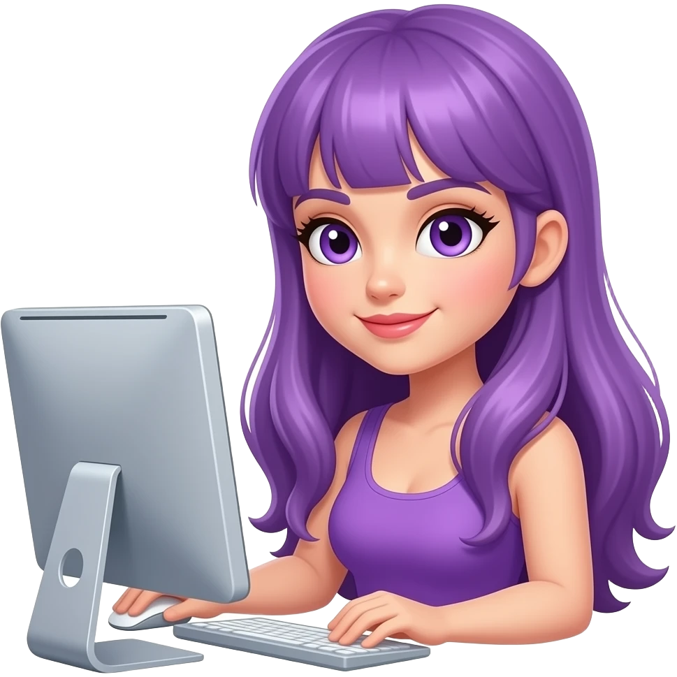 sexy girl with long purple hair and purple eyes is working on computer emoji