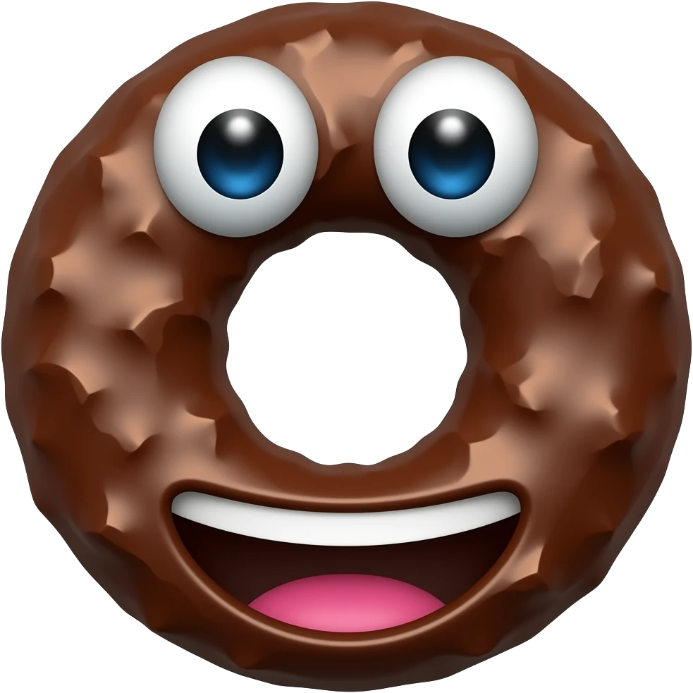 a brown chocolate hoop with some rough texture with fun emoji eyes and open mouth emoji