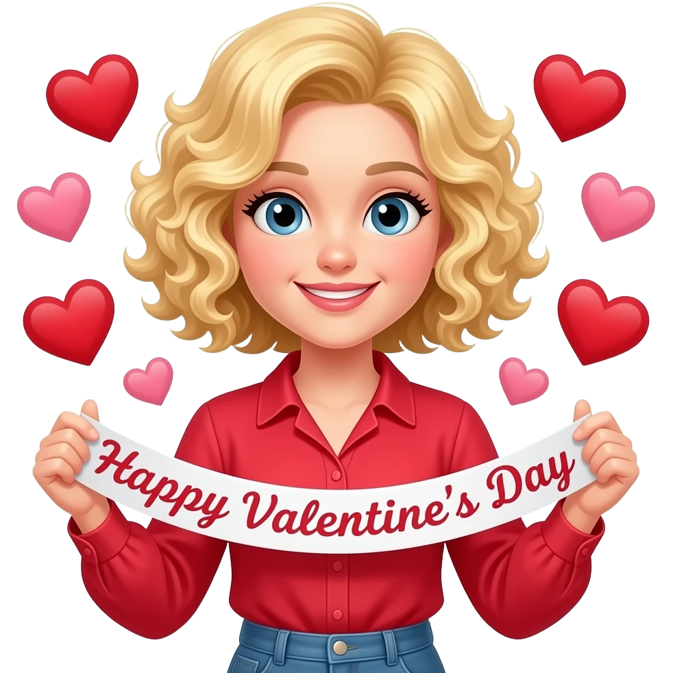 blonde tight curly hair in a short bob with a Happy Valentine's Day banner and a red heart blouse and hearts around emoji