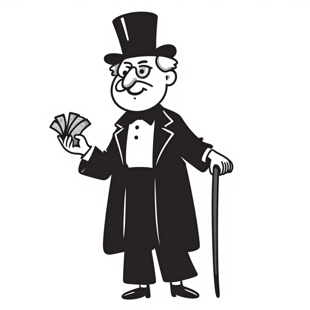 old white man with a top hat, monocle in left eye, holding stacks of money in right hand and a wooden cane in left hand, in a Black Doodle style emoji