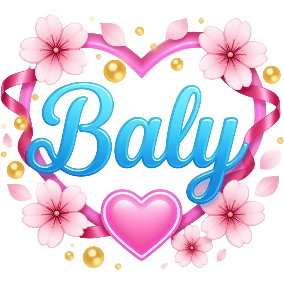 A sleek, sky blue text 'Baly' decorative symbols, adorned with satin ribbons and glowing neon-pink hearts. Surrounded by floating cherry blossom petals and golden bokeh. Vibrant, modern, and feminine with a cinematic glow emoji