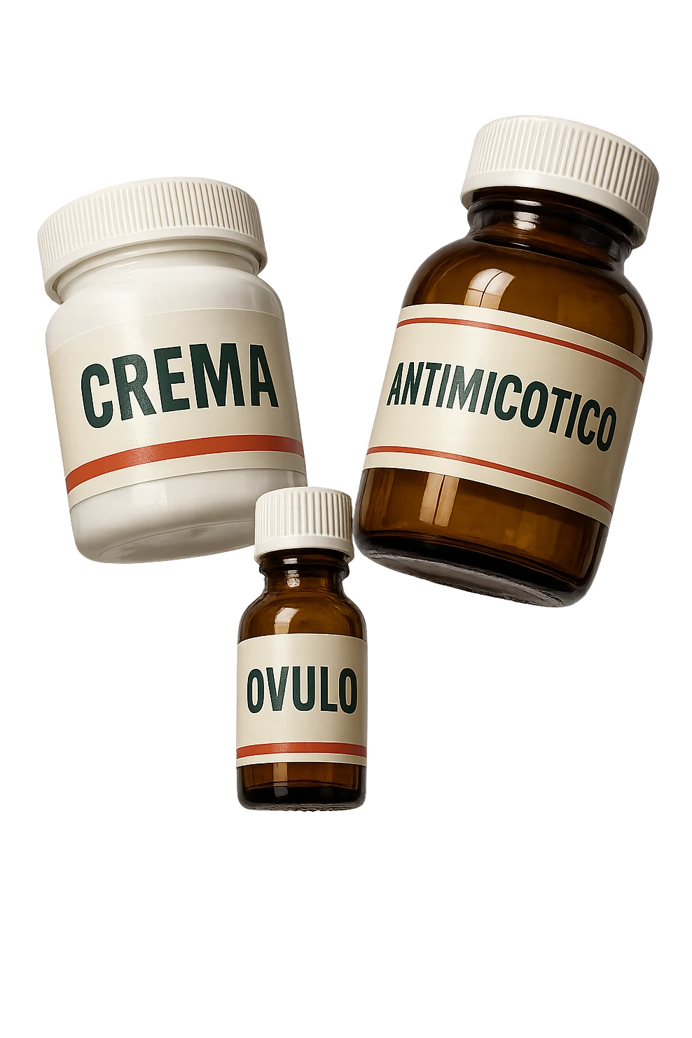 boccette di farmaci fluttuano in aria con le scritte: crema, ovulo o antimicotico in italiano sulle etichette, IPERREALISTICO 4K emoji