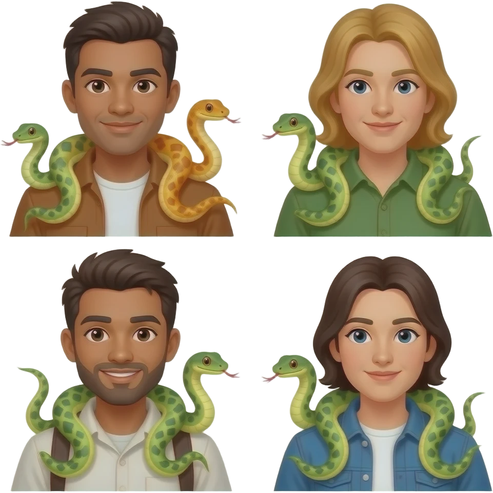 4 different  characters holding snakes on shouldrs emoji