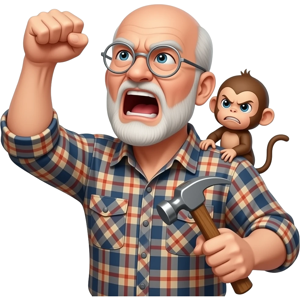 Angry old man with a plaid shirt with silver round glasses balding, NO beard & NO mustache yelling at the sky and shaking his fist angrily at the sky holding a hammer in his LEFT hand and a angry baby monkey on his shoulder. emoji
