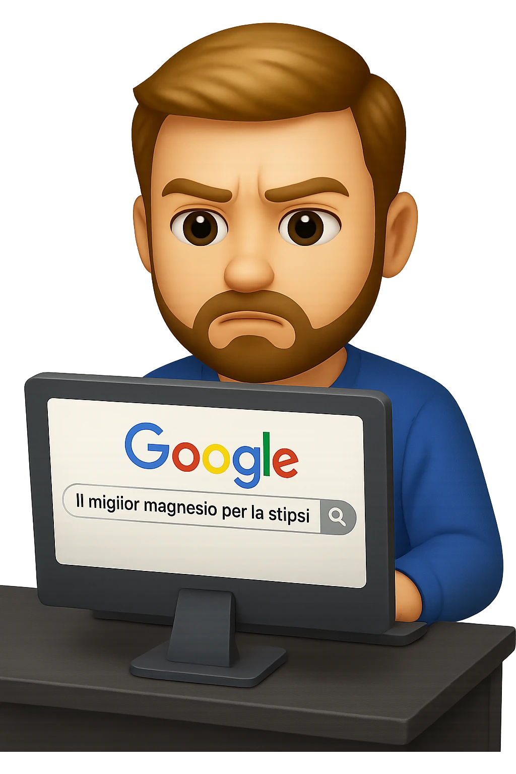 emoji stile iphone di un uomo davanti al pc che cerca di google: "Il miglior magnesio per la stipsi", iperrealistico 4k emoji