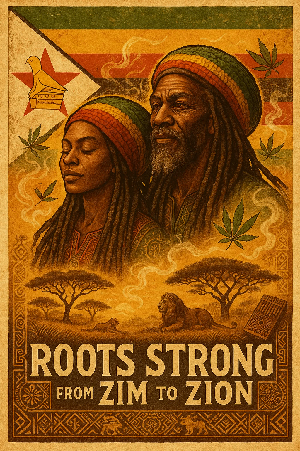 Design a powerful digital illustration in vintage poster style featuring a proud Zimbabwean Rasta man and woman with long dreadlocks and a knitted red, gold, and green tam. The background should blend the iconic Zimbabwe flag with textured detail — the red star, bird emblem, and bold stripes clearly visible but stylized with artistic flair. Add rich African earth tones, golden sunlight, and natural scenery like acacia trees, lions, or smoke from a healing herb circle. The Rasta should have a wise, peaceful expression — eyes full of ancient memory and inner fire. Incorporate ganja leaves subtly in the design, maybe flowing with the wind or circling the character like aura energy. Accent with traditional Shona patterns or mbira (thumb piano) motifs. Let the message reflect strength, unity, and ancestral healing. Optional text: “Roots Strong from Zim to Zion” or “Mash up Babylon from Harare to di hills.” emoji