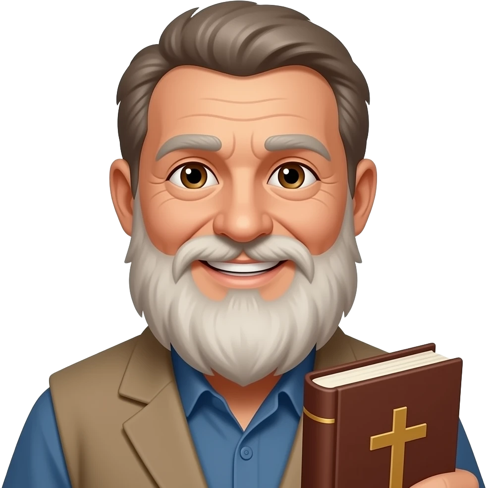 wise old man with greying brown hair white beard brown eyes olive skin smile with book that has a cross on it emoji