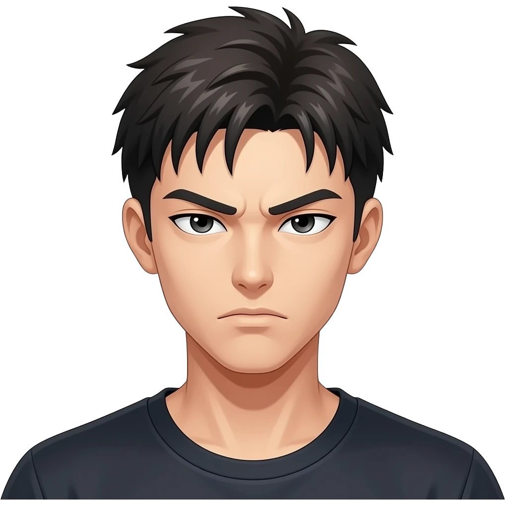 close-up, head-and-shoulders portrait of an anime-style character. The character is a male with a stern, intense expression. His eyes are narrowed and angled downwards, with dark irises and visible pupils.  The character has a stern expression and short, dark hair. emoji