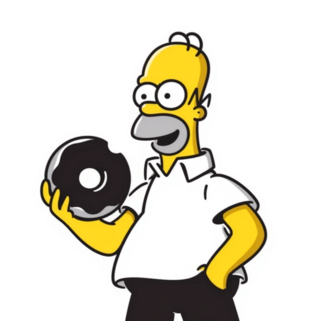 Homer Simpson hand-drawn doodle style, yellow skin, white shirt, blue pants, bald with two hairs on top, holding a donut emoji