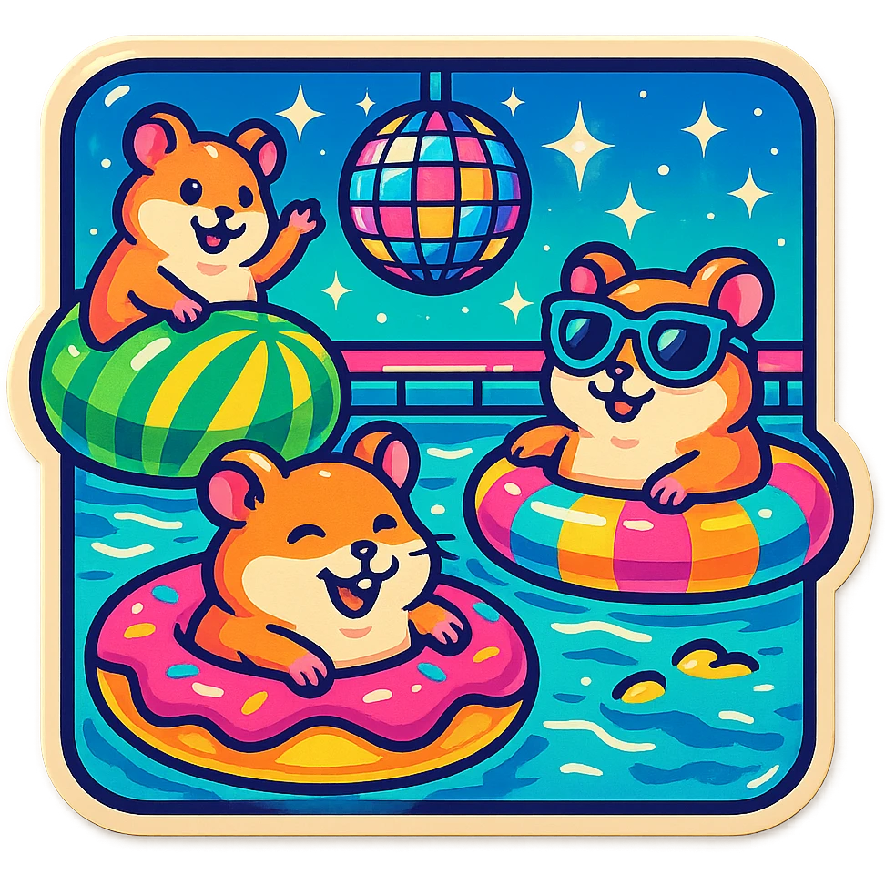 square Discord server icon, playful pool party scene with hamsters, weed leaves, cheese, THC theme, shiny disco ball overhead, retro nostalgia style with 80s/90s colors, bold outlines, neon accents, fun pool floats, sparkles, centered clear composition emoji