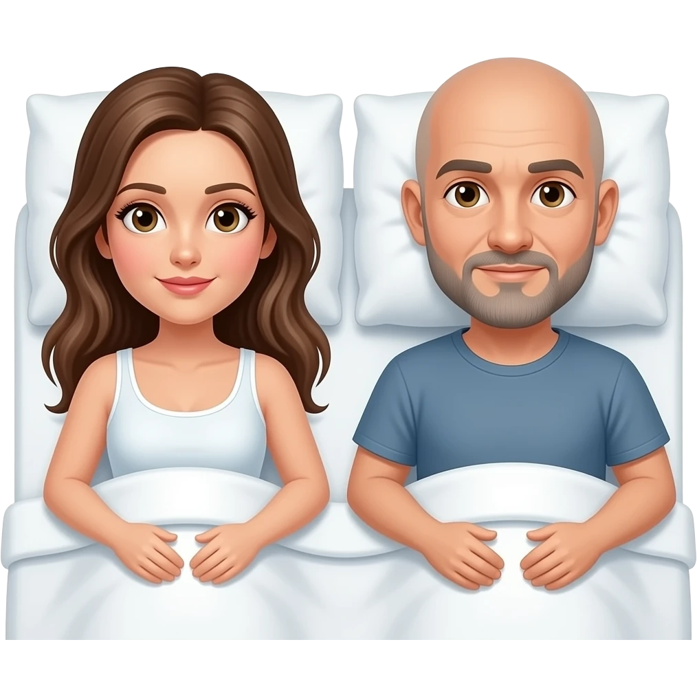 Man and woman in bed. The woman thin straggling hair. The man is fully bald with a grey goatee an a c emoji