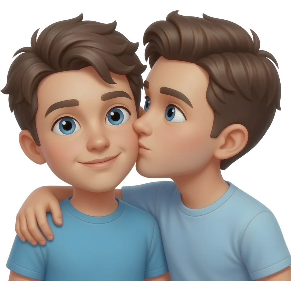 Erstelle ein Emoji von zwei Brüder, der eine um die 22 und der andere um die 26, der älter Bruder legt sein Arm über sein jüngeren Bruder und küsst ihn auf die Wange. Beide haben blaue Augen emoji