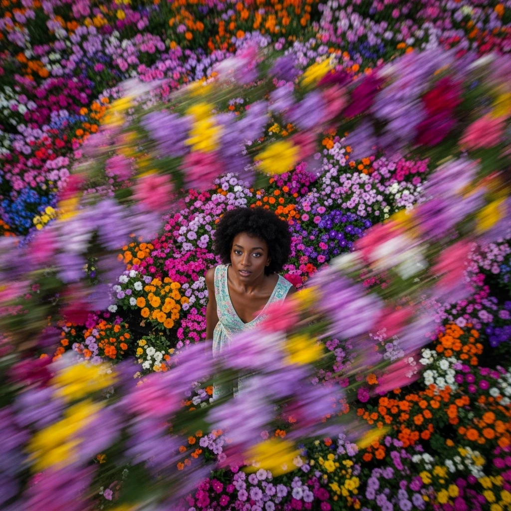 Aerial view, extreme closeup of a beautiful woman surrounded by a bed of vivid, colorful flowers, cinematic light, 8K, ultra detailed, sharp focus, layered depth, extreme motion blur emoji